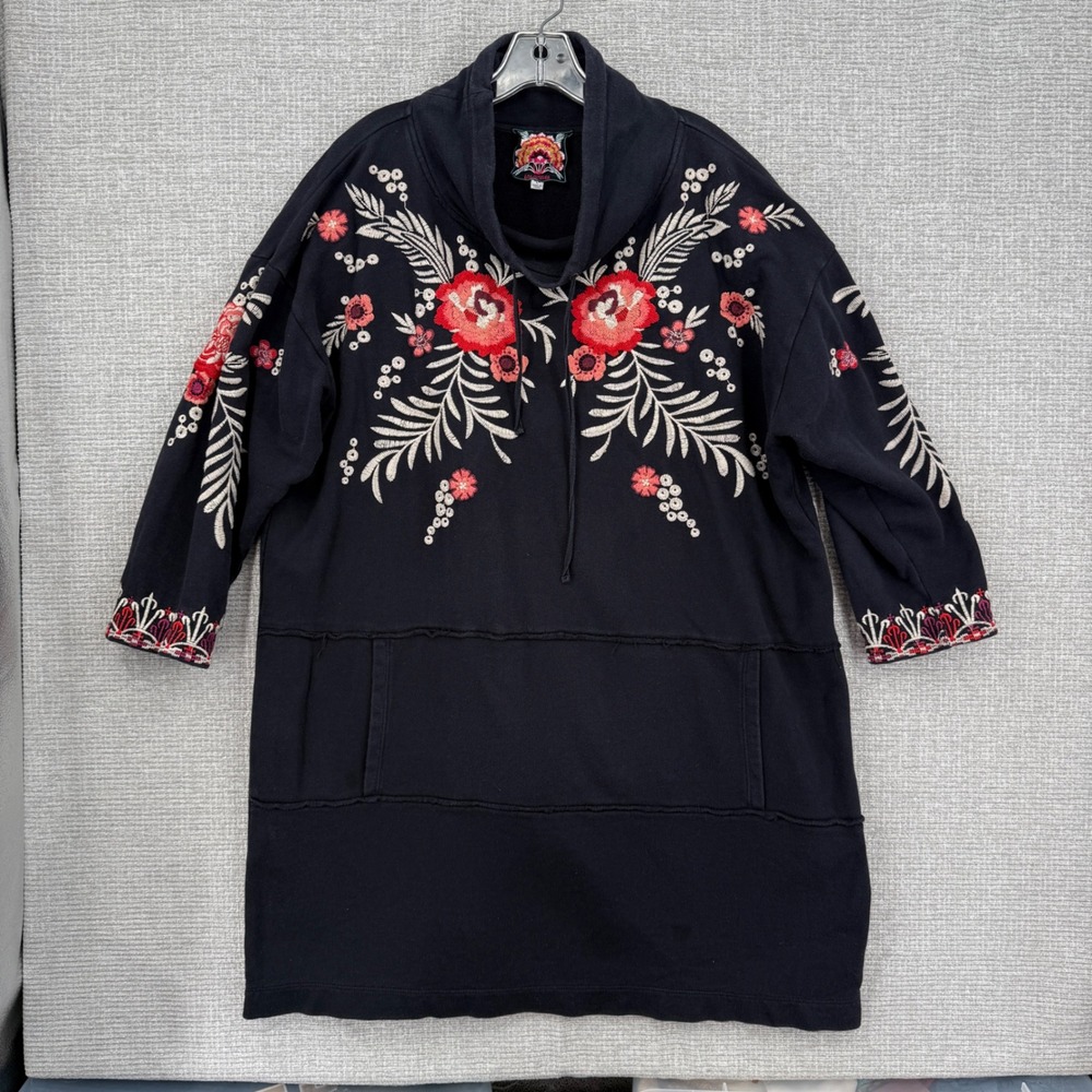 Johnny Was Sweatshirt Dress Women L Black Floral Embroidered Boho French Terry